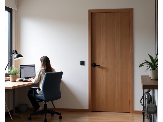 A modern home office with a closed acoustic door, a person calmly working at a desk.