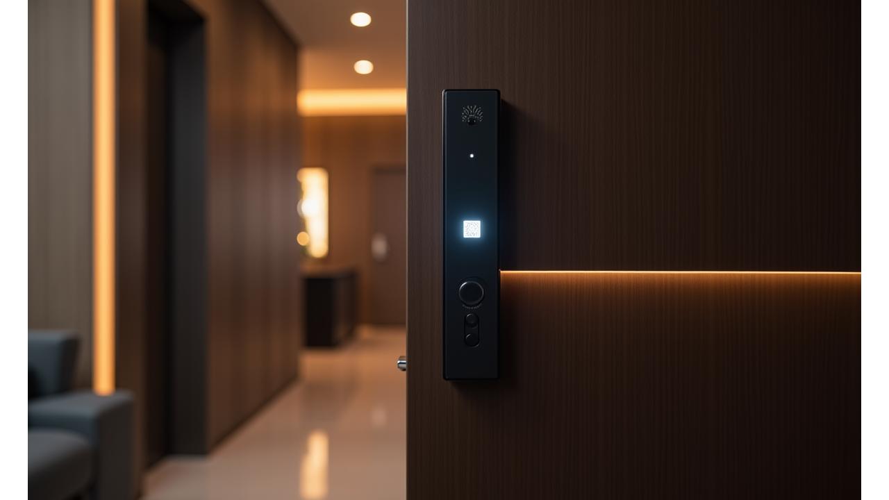 Modern apartment entryway featuring a sleek wooden door with an integrated smart lock and subtle LED lighting. A biometric scanner is visible, and the scene implies advanced security and convenience.